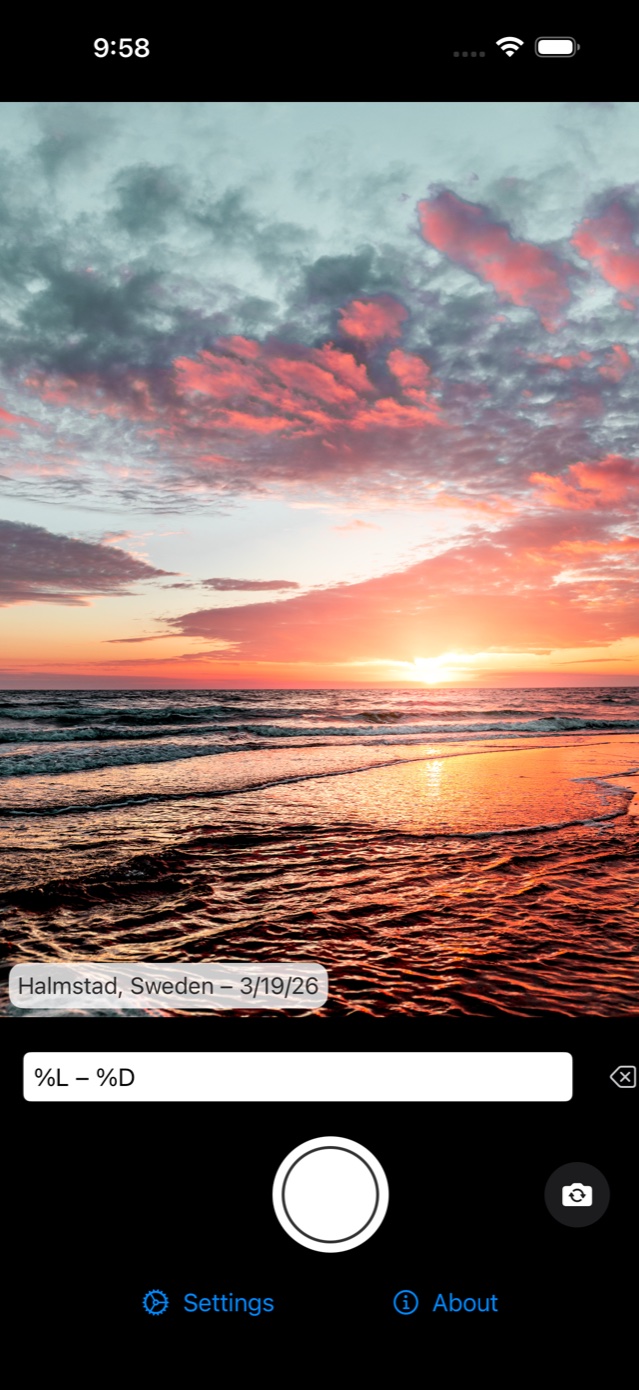 Foto Notes 1.x: a single text line with place and date on the same beach photo